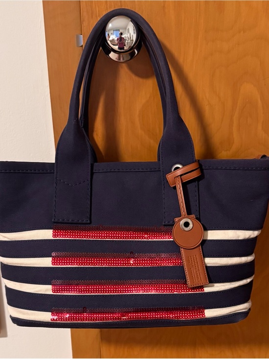 Marc Jacobs Handbags - Marc Jacobs Navy and White Stripe Tote with Red Sequin Bands